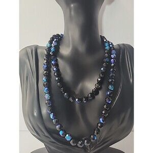 Black AB Crystal Bead Necklace Faceted Glass Aurora Borealis Vintage Style Jewel